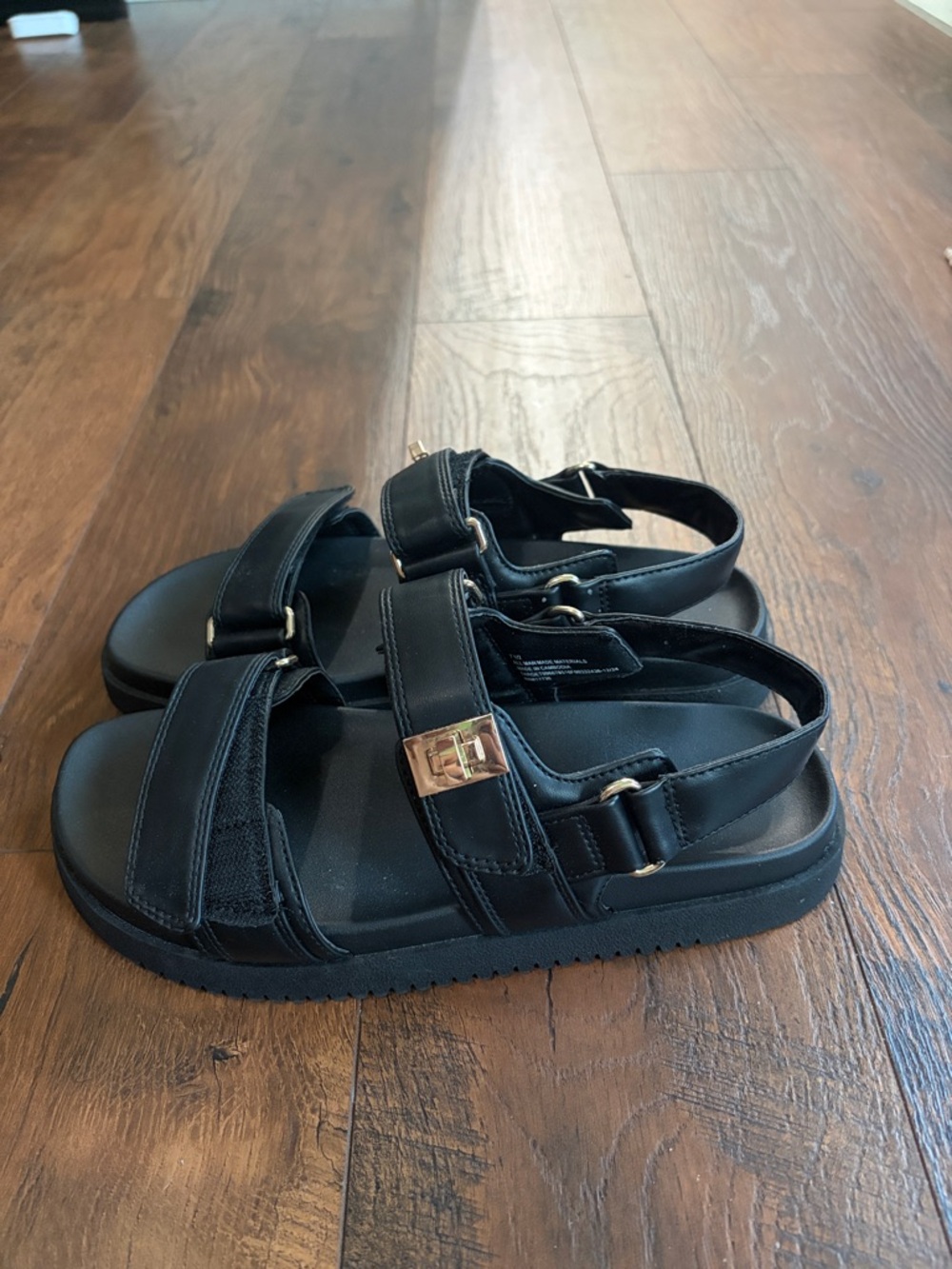 a new day Black Leather Strap Sandals with Gold Buckle - Picture 2 of 4
